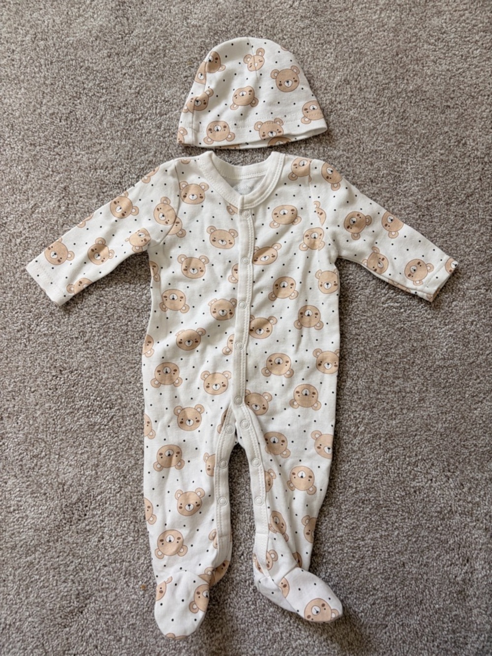 Sterling Baby Bear-Print Footed One-Piece with Hat - Cream/Brown